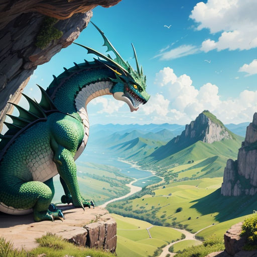 a green dragon sitting on top of a cliff next to a valley and mountains in the background with a blue sky
