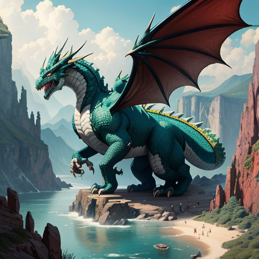 a green dragon standing on a cliff above a body of water with a mountain in the background and a person standing on a rock