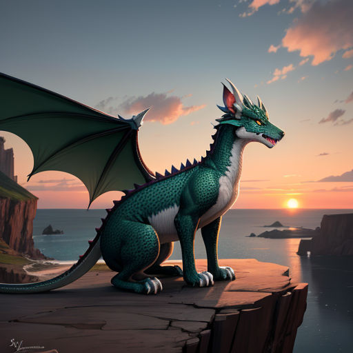 a green dragon sitting on a cliff overlooking the ocean at sunset or dawn with a red light in the sky