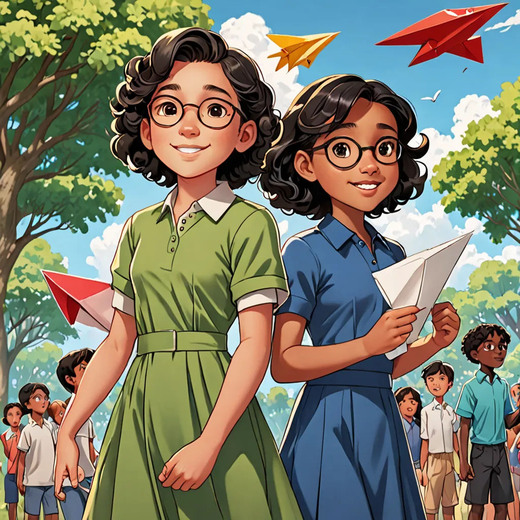 two young girls standing next to each other in front of a crowd of people with paper airplanes flying above them, serial art, a storybook illustration, Ella Guru, comic cover art