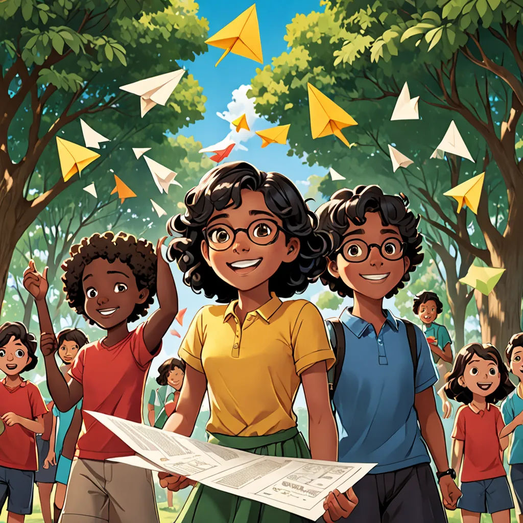 a group of children standing in front of a paper airplane in a park with trees and paper airplanes flying overhead, samikshavad, a storybook illustration, Ella Guru, promotional image
