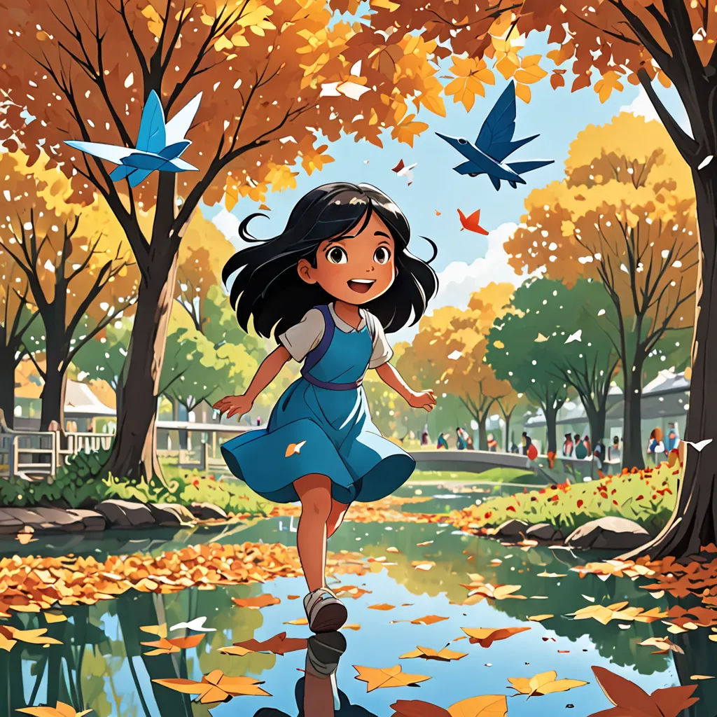 a girl is running through a puddle in the park with birds flying around her and a pond in the foreground, magical realism, a storybook illustration, Cliff Childs, official art