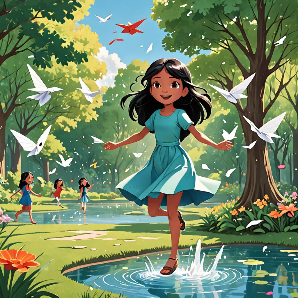 a girl in a blue dress is walking near a pond and birds flying around her and a group of children in the background, magical realism, a storybook illustration, Cliff Childs, official art