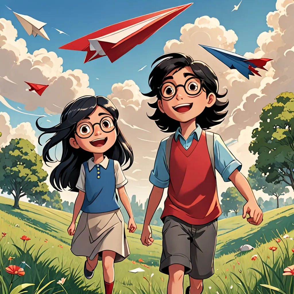 a couple of people that are walking in the grass with a paper airplane in the sky above them and a field with flowers, private press, a storybook illustration, Diego Gisbert Llorens, comic cover art