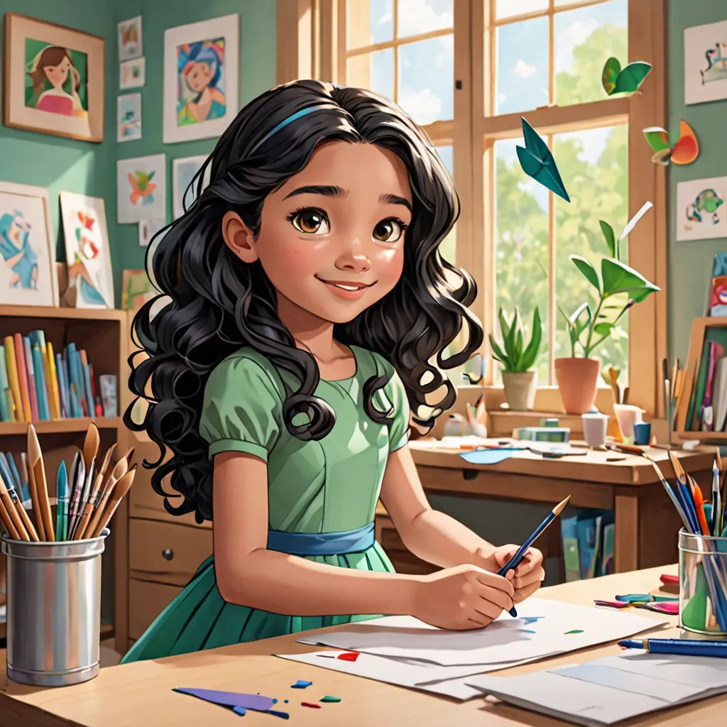 a girl sitting at a desk with a pencil and paper in her hand and a pot of plants in the background, photorealism, a storybook illustration, Chris LaBrooy, behance hd