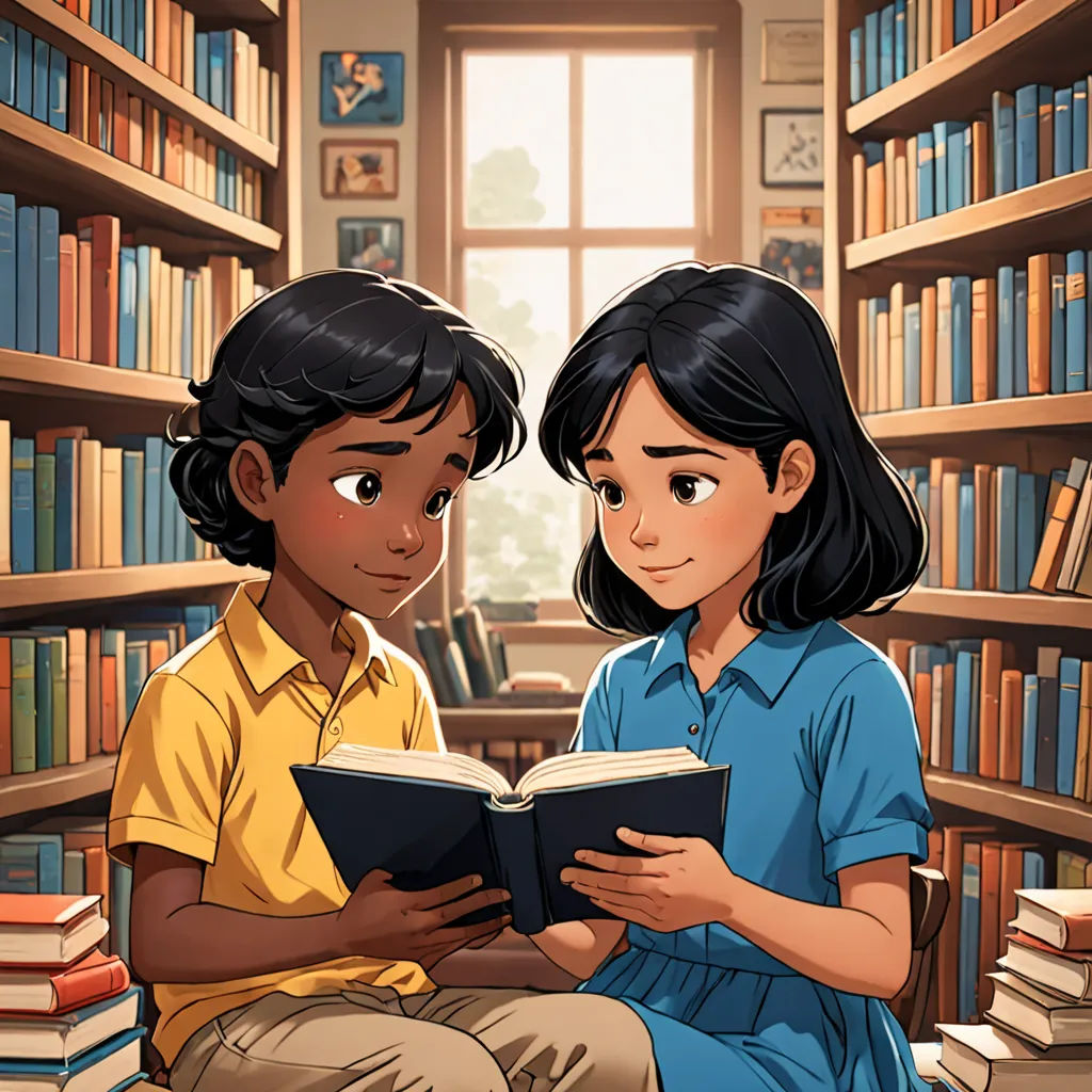 a boy and a girl reading a book in a library with bookshelves full of books behind them, art & language, a storybook illustration, Chris LaBrooy, storybook illustration