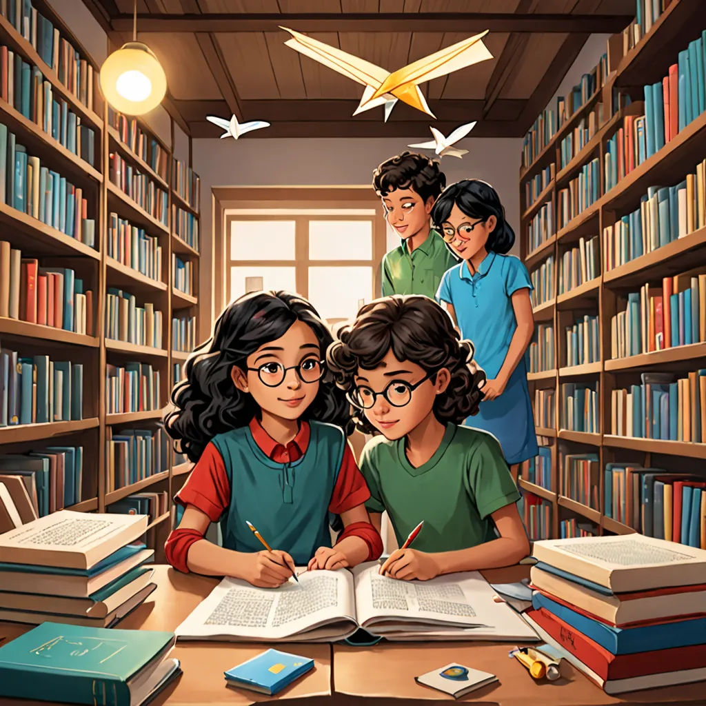 a group of children sitting at a table in a library with books and a pen and paper in front of them, bengal school of art, a storybook illustration, Bikash Bhattacharjee, storybook illustration