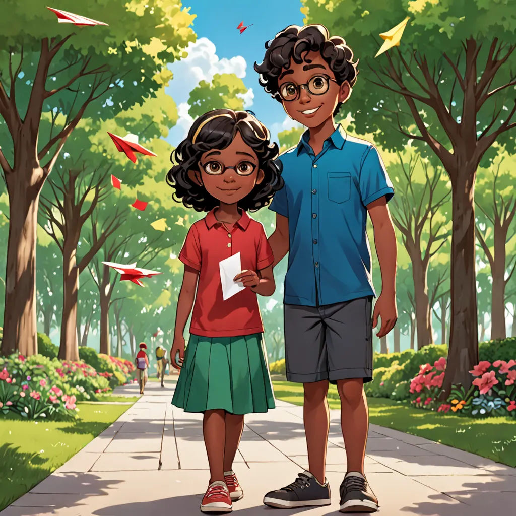 a boy and girl standing on a sidewalk in a park with trees and flowers in the background and a paper airplane flying overhead, serial art, a storybook illustration, Anthony Devas, official art