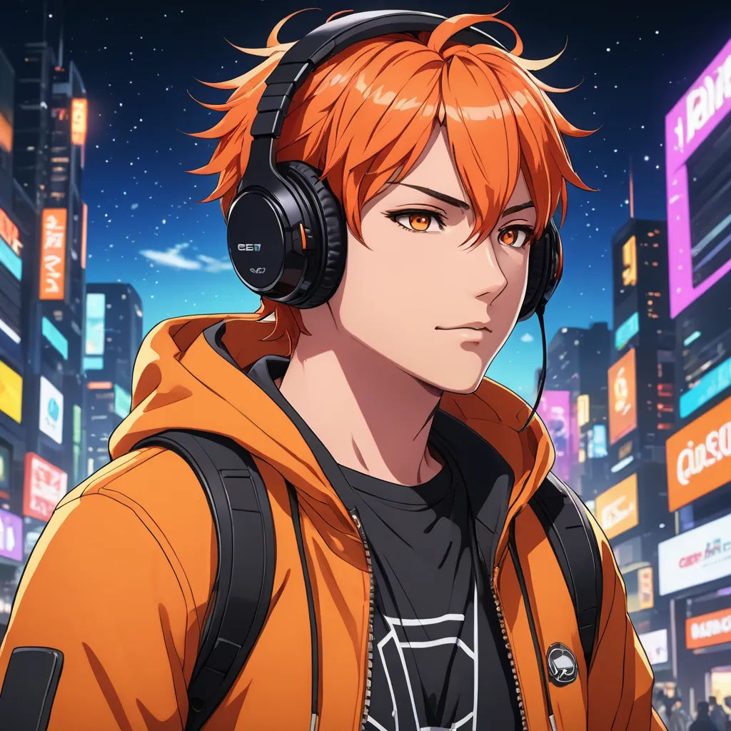 a man with headphones on in a city at night with neon lights and buildings in the background,, sots art, a character portrait, Adam Manyoki, city background