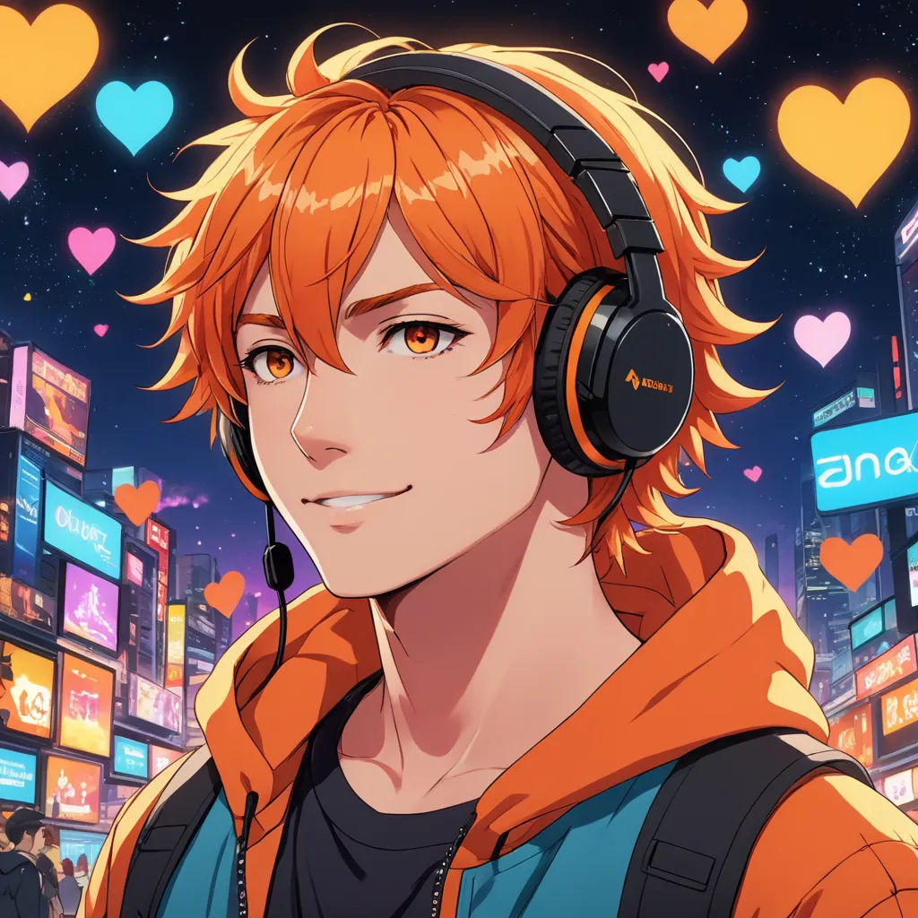 a man with headphones on in a city at night with hearts in the background and a neon cityscape, pixel art, a character portrait, Adam Manyoki, official art