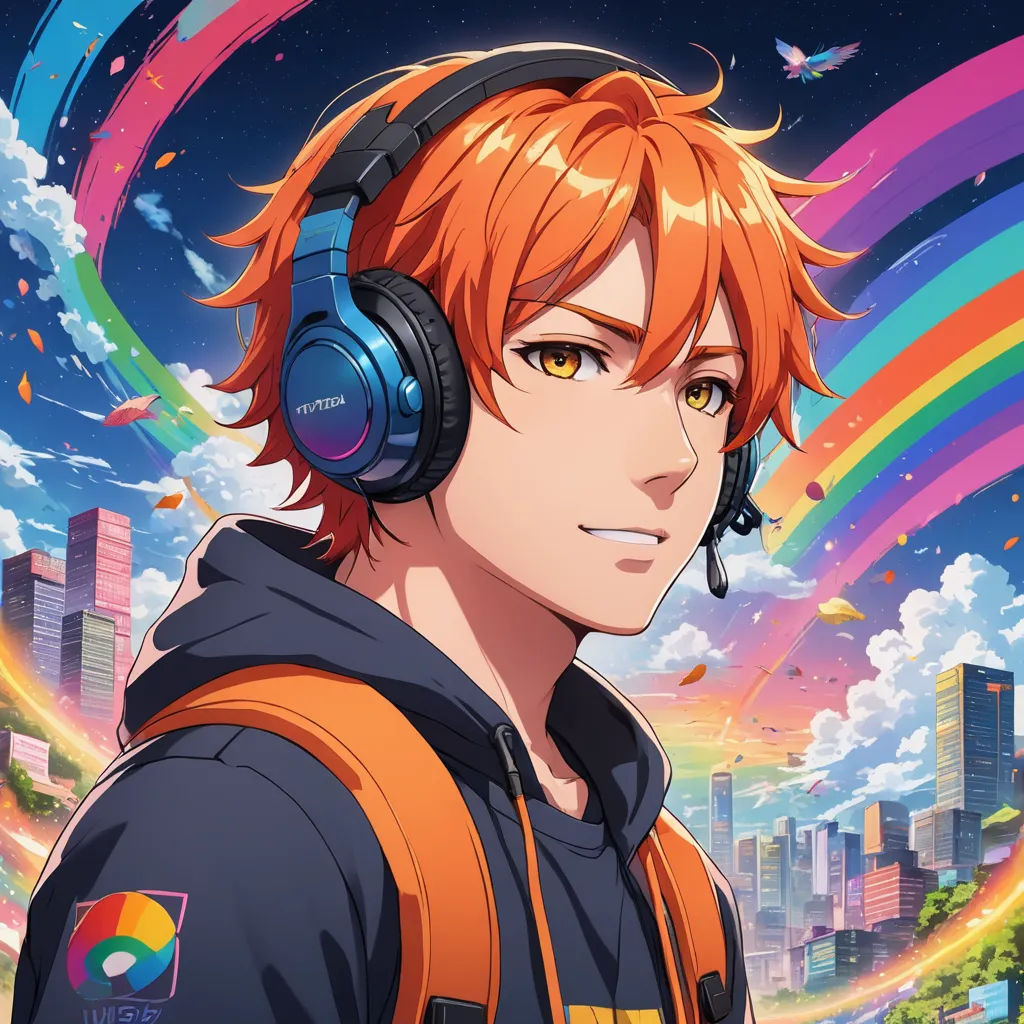 a man with headphones on in front of a cityscape with rainbows and clouds in the background, sots art, a character portrait, Adam Manyoki, official art