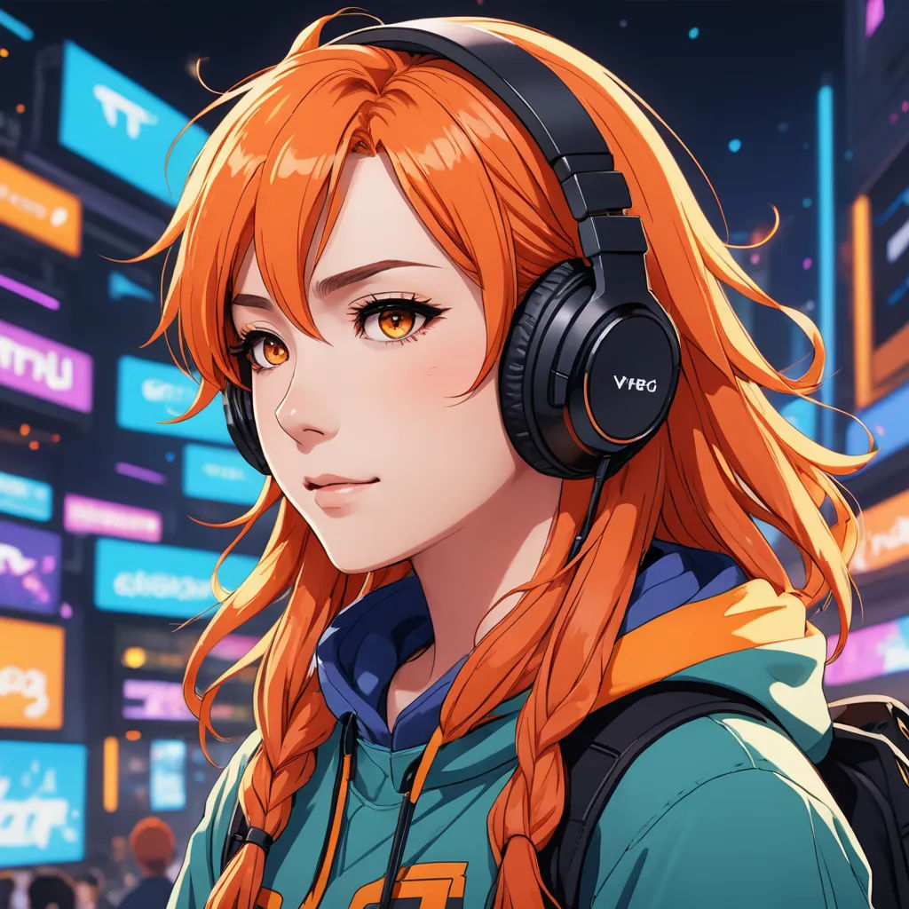 a girl with headphones on in a city at night with neon lights and a neon background with a neon glow, sots art, cyberpunk art, artist, anime art style