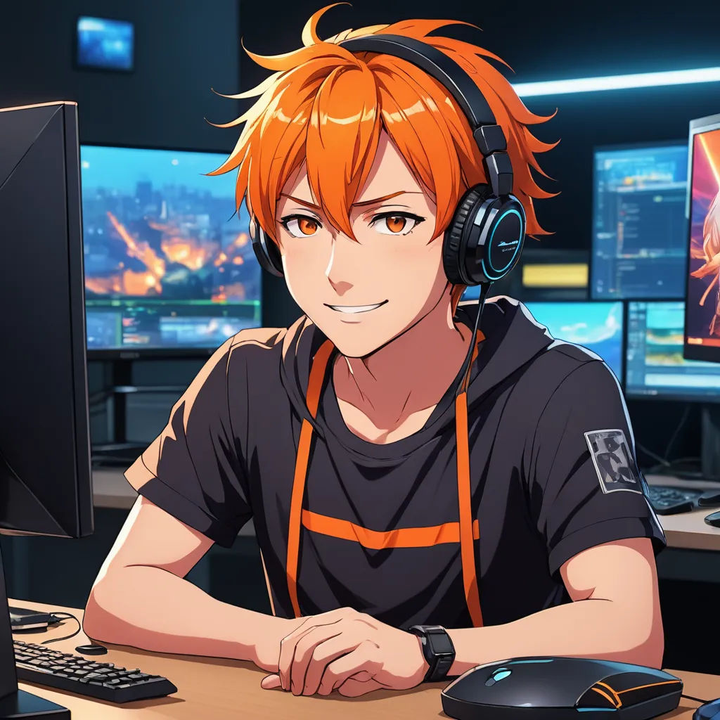 a man with orange hair wearing headphones sitting in front of a computer monitor and keyboard in a dark room, sots art, a character portrait, Adam Manyoki, official art