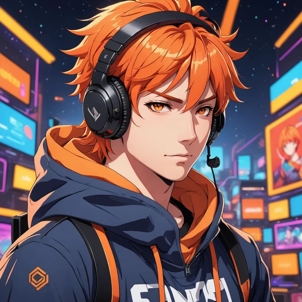 a man with headphones on in a room full of television screens and a neon background with a neon star, serial art, a character portrait, Adam Manyoki, official art