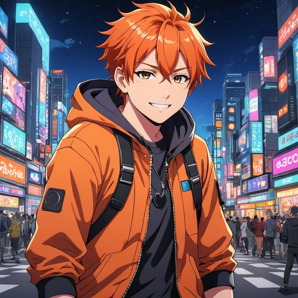 a man with orange hair and a backpack on a city street at night with people walking around him and a neon city in the background, sots art, concept art, Adam Manyoki, official art