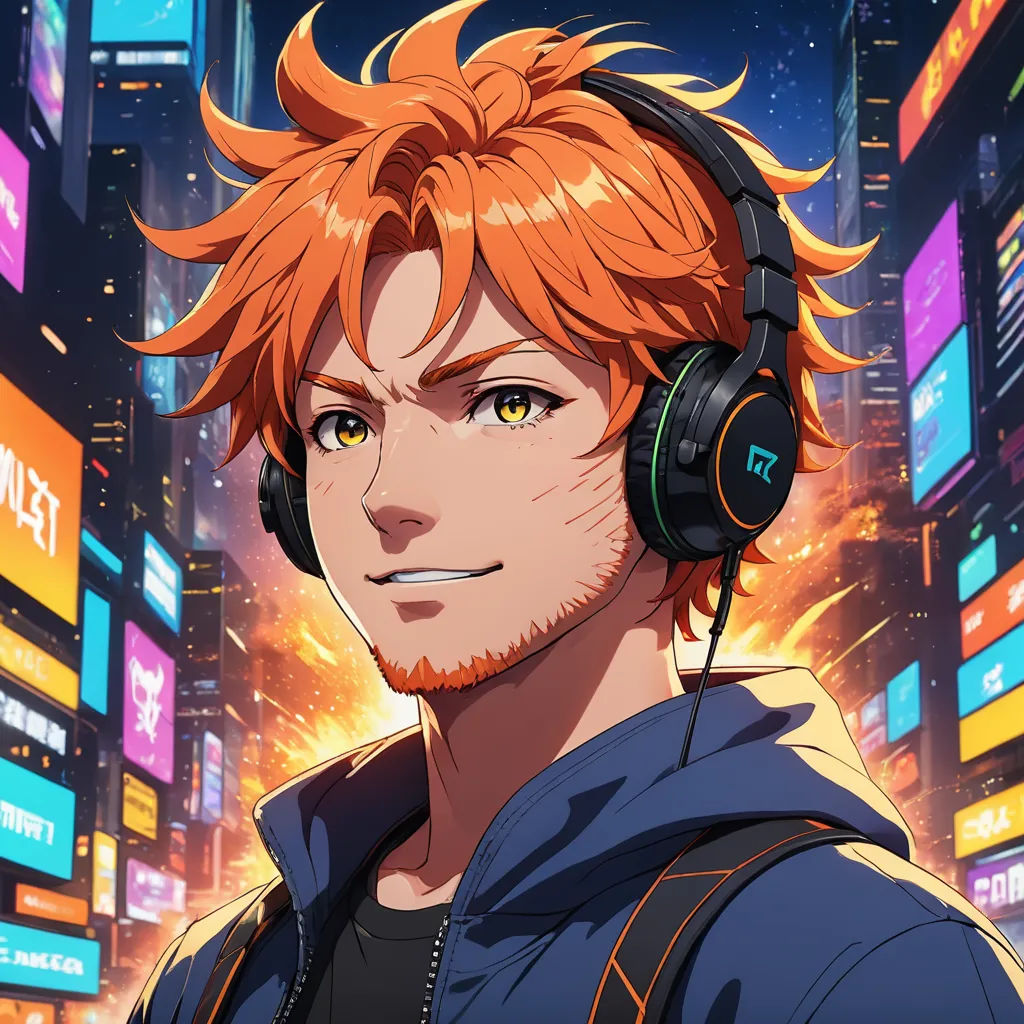 a man with headphones on in a city at night with buildings and lights in the background and a cityscape, sots art, a character portrait, Cedric Seaut (Keos Masons), official art