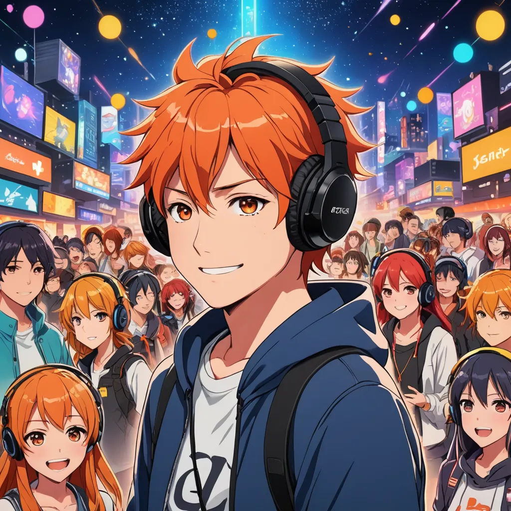 a man with headphones standing in front of a crowd of people in a city at night with a neon background, sots art, an album cover, Ai-Mitsu, official art