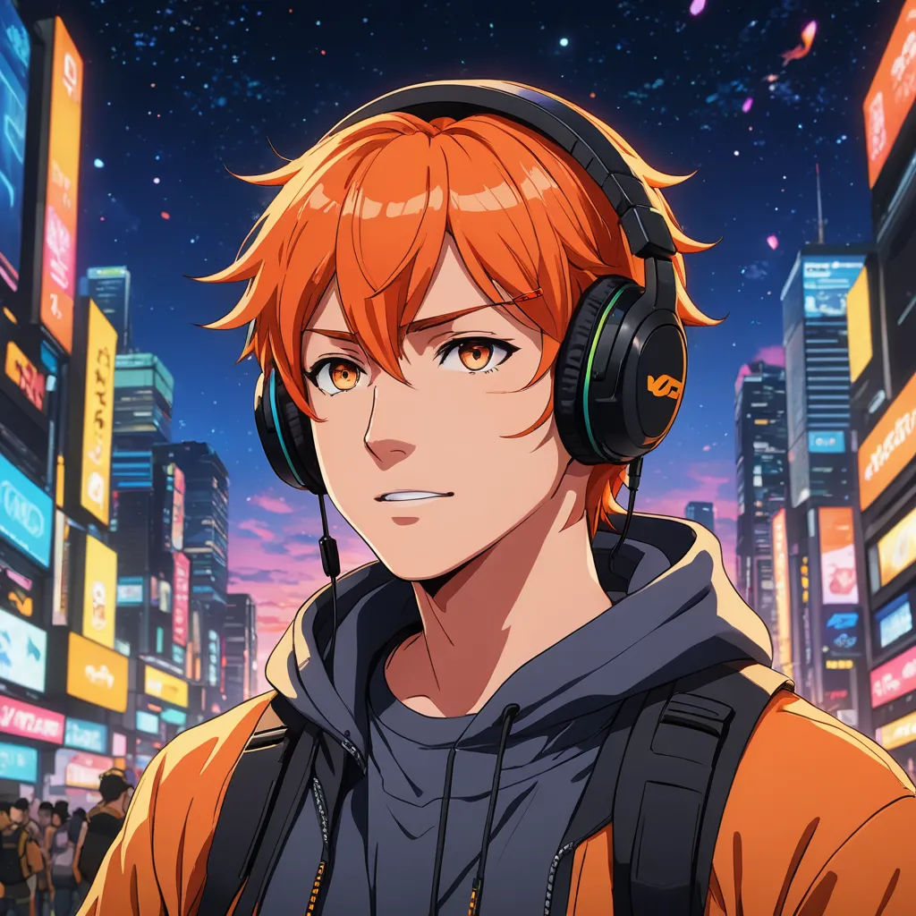 a man with headphones on in a city at night with neon lights and buildings in the background,, sots art, a character portrait, Cedric Seaut (Keos Masons), official art
