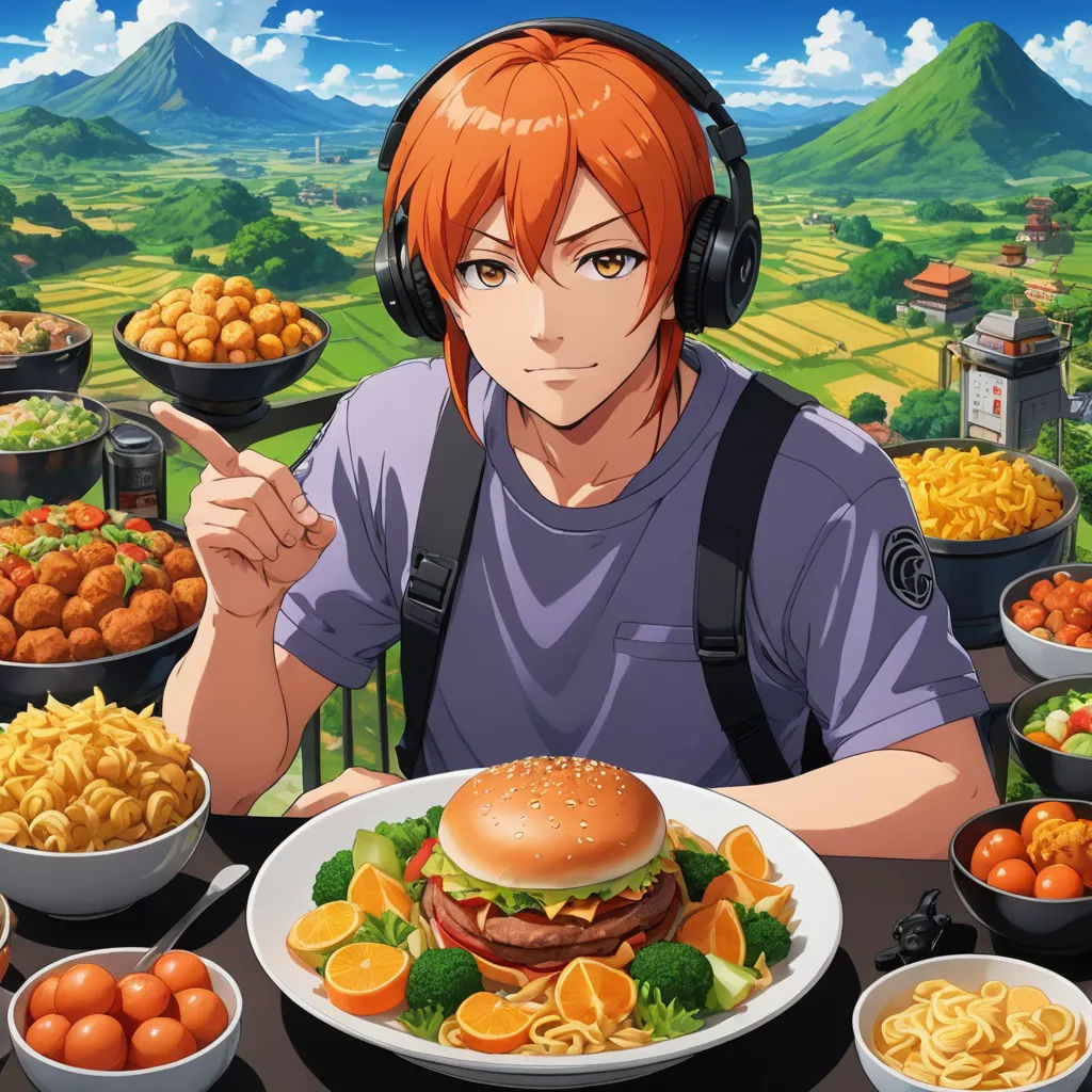 a man with headphones is sitting at a table with a hamburger and other foods on it, and a mountain in the background, sots art, an album cover, Dan Content, official art