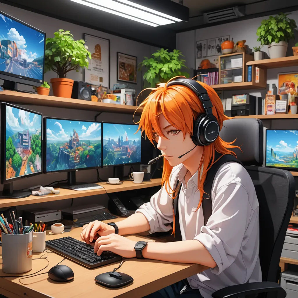 a woman with orange hair sitting at a desk with a keyboard and headphones on, in front of a computer with a lot of monitors, computer art, computer graphics, artist, art station