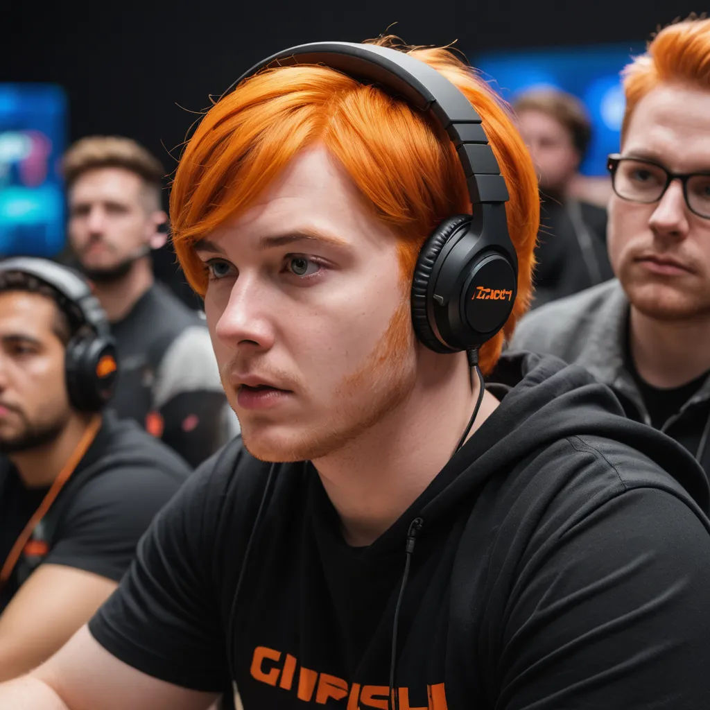 a man with red hair wearing headphones in a game room with other people watching him from behind him, arbeitsrat für kunst, a renaissance painting, Brian 'Chippy' Dugan, lostfish