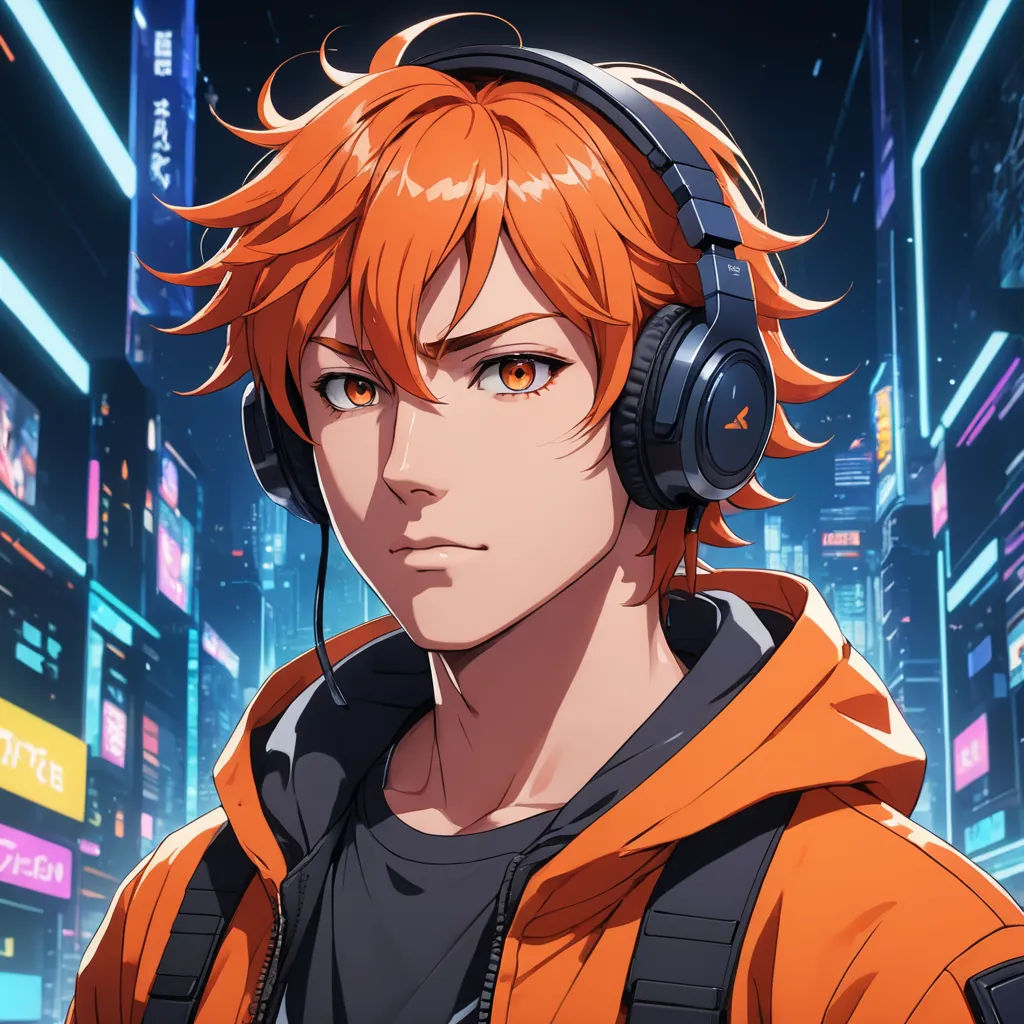 a man with headphones on in a city at night with neon lights and buildings in the background, looking at the camera, serial art, a character portrait, Cedric Seaut (Keos Masons), official art