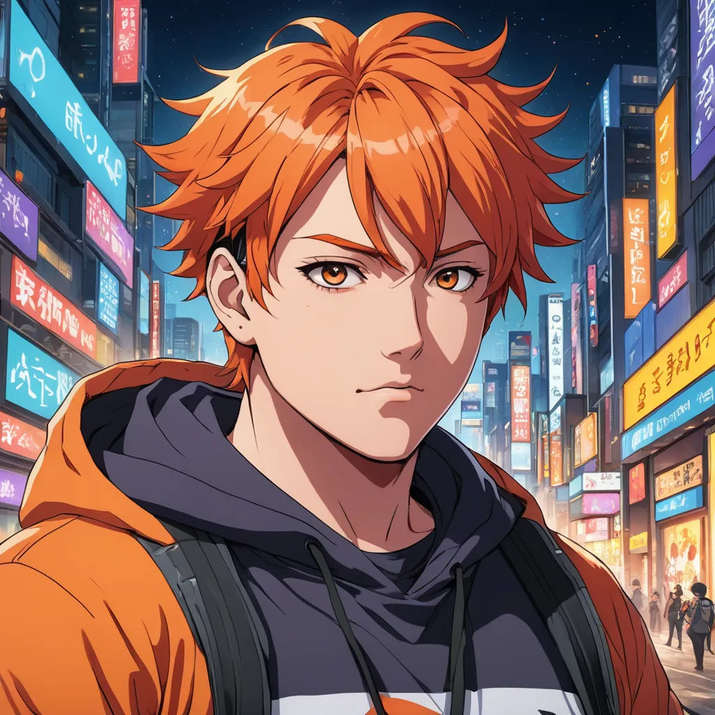 a man with orange hair and a hoodie in a city at night with neon signs and buildings in the background, sots art, a character portrait, Adam Manyoki, official art