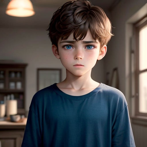 a young boy with a blue eyes stares into the camera while standing in a kitchen with a window in the background