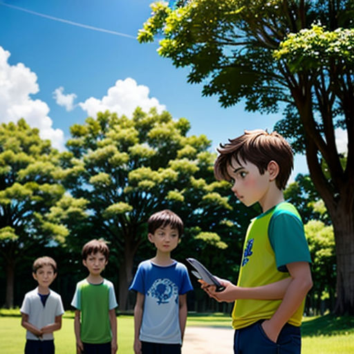 a group of young boys standing next to each other on a field of grass and trees in the background