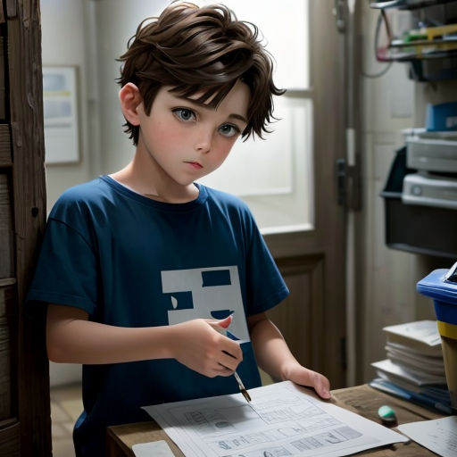 a boy is sitting at a desk with a pen and paper in his hand and looking at the camera
