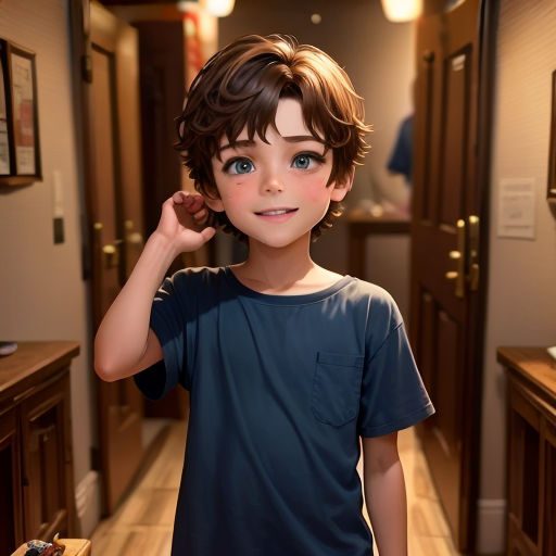 a boy with a blue shirt and a brown hair standing in a hallway with a wooden floor and a door