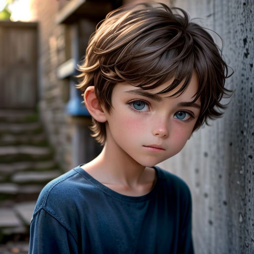 a young boy with a blue shirt and a short haircut standing next to a wall with a wooden fence