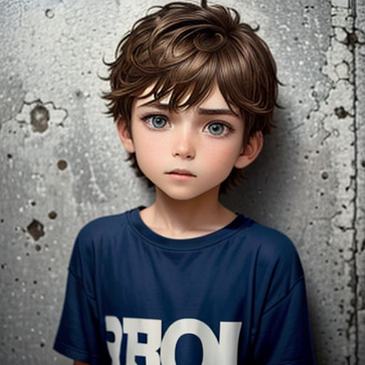 a young boy with a blue shirt and a black shirt on is standing in front of a wall with a graffiti - covered wall