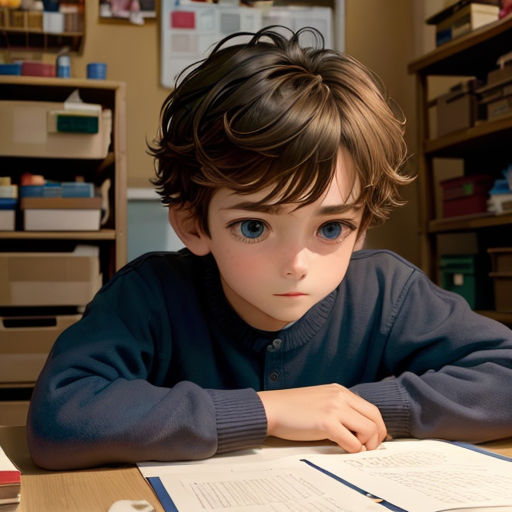 a young boy sitting at a desk with a book in front of him and a binder on the desk