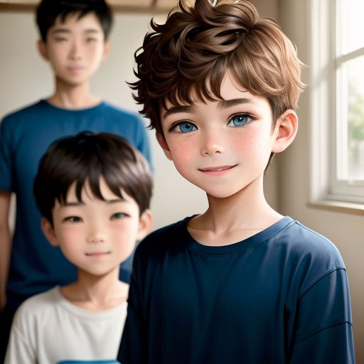 a group of three children standing next to each other in front of a window with a boy in the background