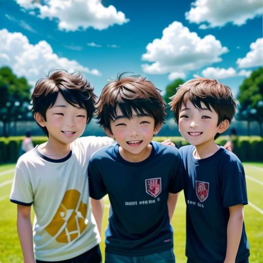 three young boys standing next to each other on a field of grass and grass covered ground with a blue sky and clouds