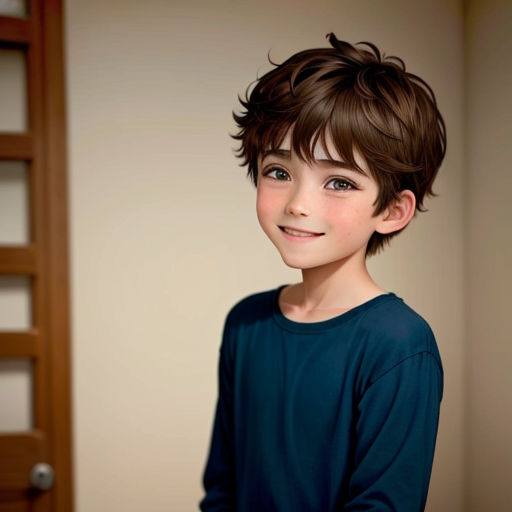 a young boy with a short brown haircut and a smile on his face, standing in front of a door
