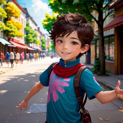 a young boy is walking down the street with his hands out and a backpack on his back is in the air