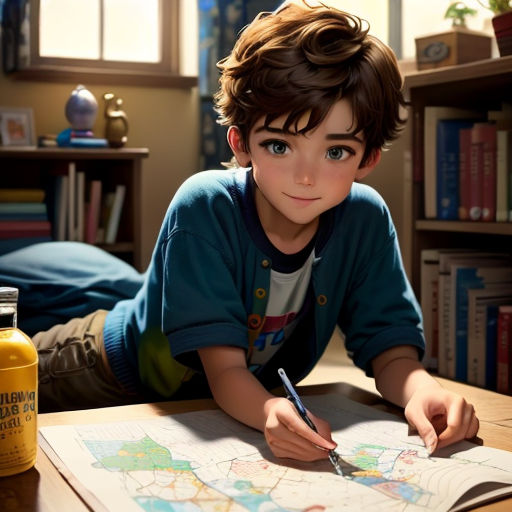 a boy is laying on the floor and looking at a map with a pen in his hand and a bottle of mustard in front of him