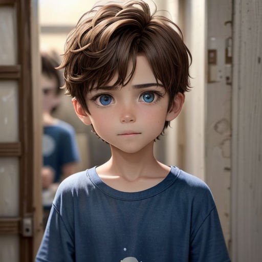 a boy with a blue shirt and a short haircut is standing in a hallway with a door open