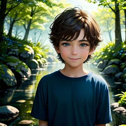 a boy standing in front of a river with rocks and trees around him and a forest in the background