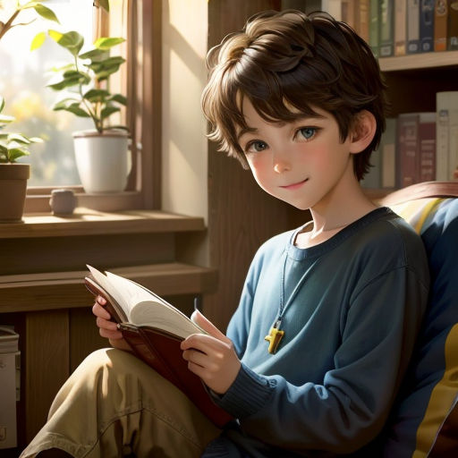 a boy sitting in a chair reading a book in front of a window with a plant in the corner