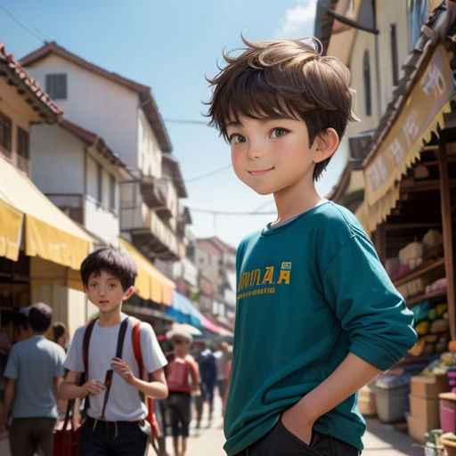 a boy standing in the middle of a street with other people walking by him and a woman walking by him