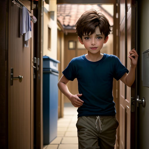 a young boy standing in a hallway next to a door with a mailbox on the other side of the hallway