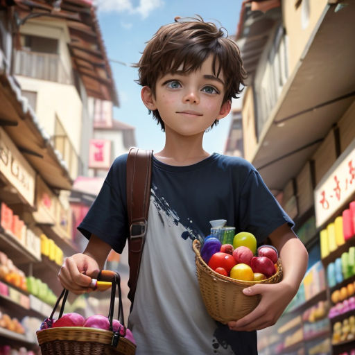 a boy holding a basket of fruit in a market place with a sky background and a building with a sign that says,