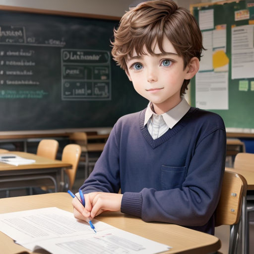 a young boy sitting at a desk with a pen and paper in front of him and a blackboard behind him