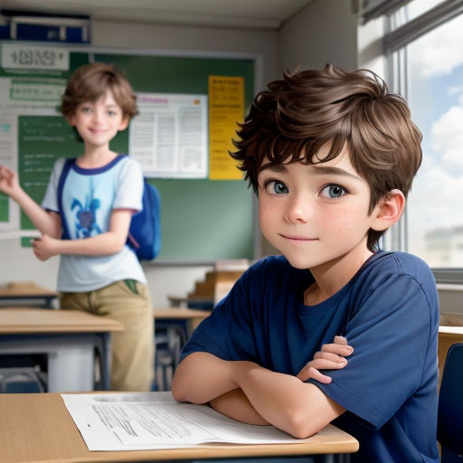 a boy is sitting at a desk in a classroom with another boy in the background and a boy in the background