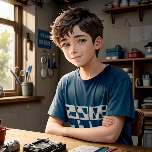 a boy sitting at a table with a camera and a cell phone on it, in front of a window