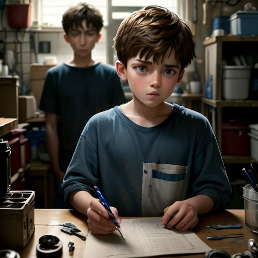 a boy is sitting at a desk with a pen and paper in front of him and another boy is standing behind him