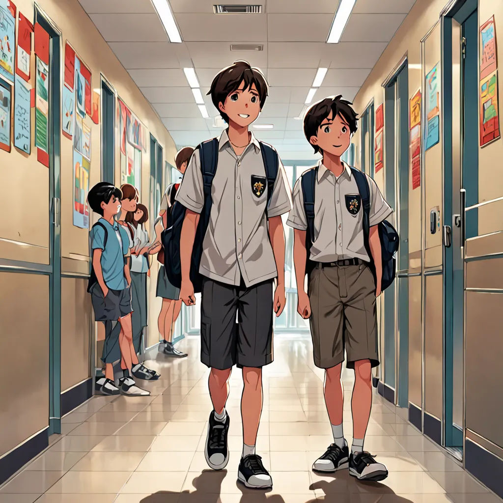 a couple of kids walking down a hallway next to each other in school uniforms and backpacks on their backs, photorealism, a comic book panel, Brothers Hildebrandt, official art